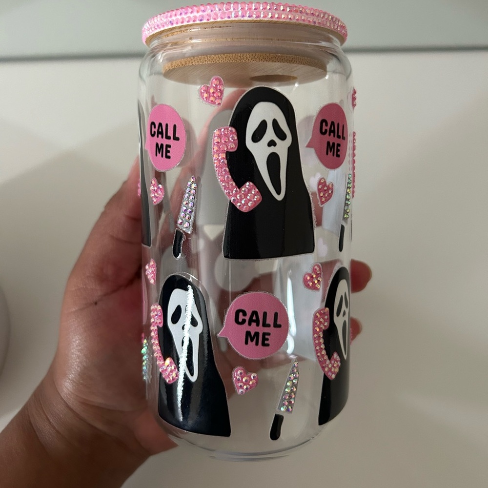 SOLD!!! 16 oz Bedazzled Pink horror character Tumbler Cup!